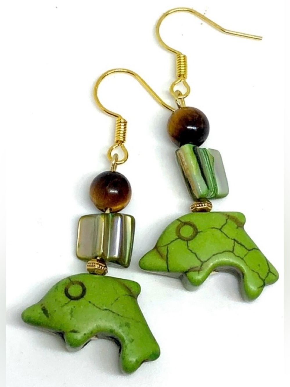 Green Howlite Dolphin with Shell and Brown Tiger’s Eye Stone Earrings Sea Life